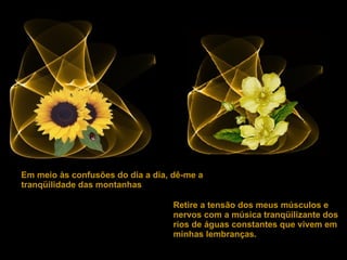 Retire a tensão dos meus músculos e nervos com a música tranqüilizante dos rios de águas constantes que vivem em minhas lembranças. Em meio às confusões do dia a dia, dê-me a tranqüilidade das montanhas . 