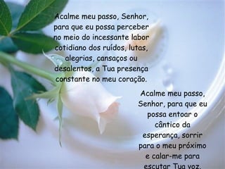 Acalme meu passo, Senhor, para que eu possa perceber no meio do incessante labor cotidiano dos ruídos, lutas, alegrias, cansaços ou desalentos, a Tua presença constante no meu coração. Acalme meu passo, Senhor, para que eu possa entoar o cântico da esperança, sorrir para o meu próximo e calar-me para escutar Tua voz. 