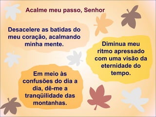 Acalme meu passo, Senhor Desacelere as batidas do meu coração, acalmando minha mente. Diminua meu ritmo apressado com uma visão da eternidade do tempo. Em meio às confusões do dia a dia, dê-me a tranqüilidade das montanhas. 