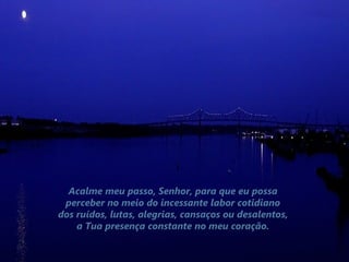 Acalme meu passo, Senhor, para que eu possa
 perceber no meio do incessante labor cotidiano
dos ruídos, lutas, alegrias, cansaços ou desalentos,
    a Tua presença constante no meu coração.
 