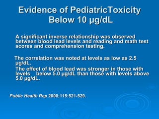 Evidence of PediatricToxicity  Below 10  µg/dL <ul><li>A significant inverse relationship was observed between blood lead ...