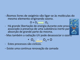 - Átomos livres de oxigénio vão ligar-se às moléculas do
   mesmo elemento originando ozono.
                    O + O2       O3
- Há grande libertação de energia durante este processo
   associado à presença de uma substância inerte para a
   absorção de grande parte da mesma.
- Mas também a radiação UV pode desassociar o ozono
                   • O3    UV     O2 + O
- Estes processos são cíclicos.
- Existe uma continua renovação da camada
 