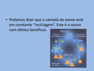 • Podemos dizer que a camada de ozono está
  em constante “reciclagem”. Este é o ozono
  com efeitos benéficos.
 