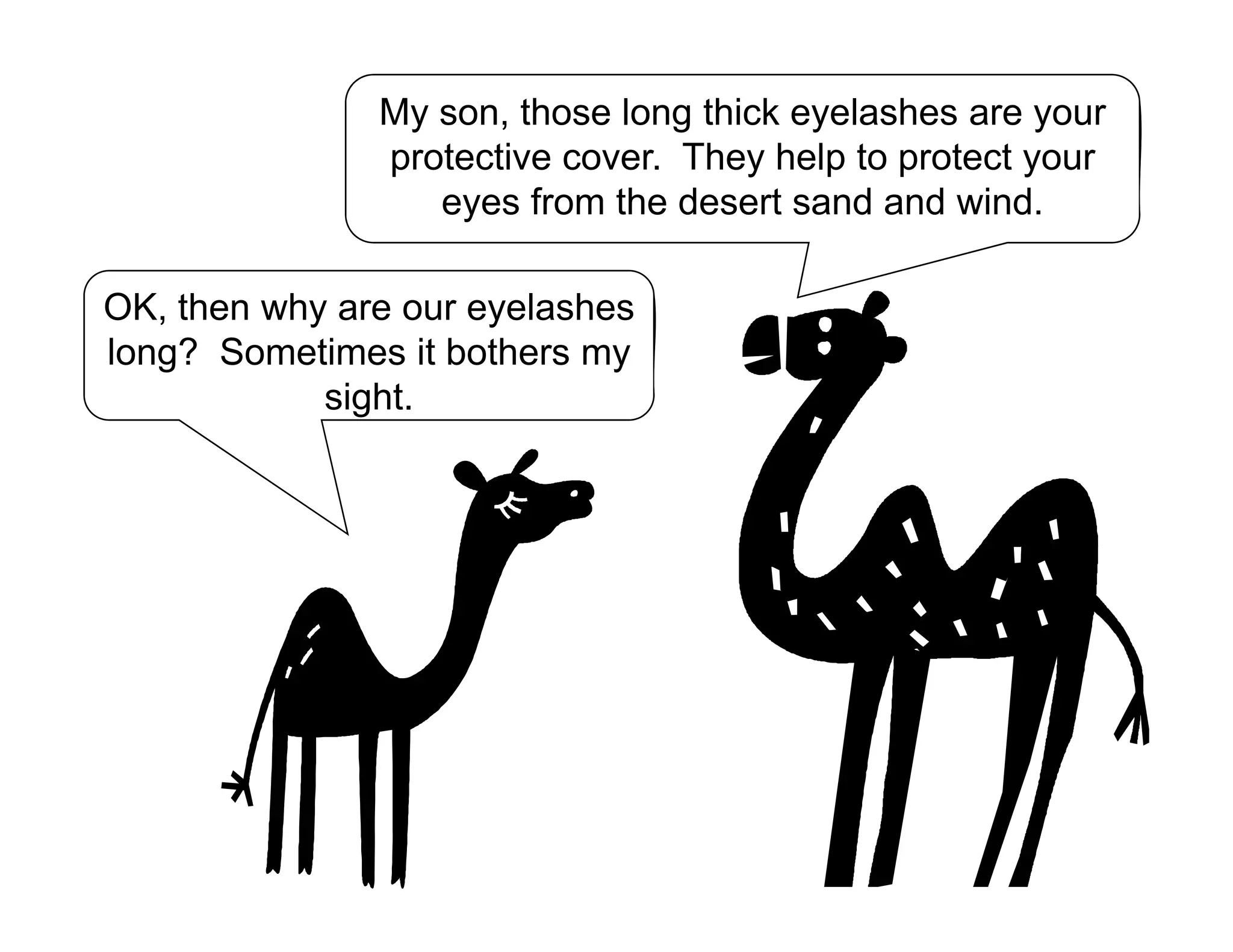 My son, those long thick eyelashes are your
protective cover. They help to protect your
OK th h l h
p y p p y
eyes from the desert sand and wind.
OK, then why are our eyelashes
long? Sometimes it bothers my
sight.g
 