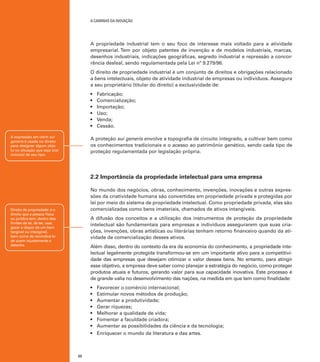 A caminho da inovação

A propriedade industrial tem o seu foco de interesse mais voltado para a atividade
empresarial. Tem por objeto patentes de invenção e de modelos industriais, marcas,
desenhos industriais, indicações geográficas, segredo industrial e repressão a concorrência desleal, sendo regulamentada pela Lei nº 9.279/96.
O direito de propriedade industrial é um conjunto de direitos e obrigações relacionado
a bens intelectuais, objeto de atividade industrial de empresas ou indivíduos. Assegura
a seu proprietário (titular do direito) a exclusividade de:
•	
•	
•	
•	
•	
•	
A expressão em latim sui
generis é usada no direito
para designar algum objeto ou situação que seja o(a)
único(a) de seu tipo.

Fabricação;
Comercialização;
Importação;
Uso;
Venda;
Cessão.

A proteção sui generis envolve a topografia de circuito integrado, a cultivar bem como
os conhecimentos tradicionais e o acesso ao patrimônio genético, sendo cada tipo de
proteção regulamentada por legislação própria.

2.2 Importância da propriedade intelectual para uma empresa
No mundo dos negócios, obras, conhecimento, invenções, inovações e outras expressões da criatividade humana são convertidas em propriedade privada e protegidas por
lei por meio do sistema de propriedade intelectual. Como propriedade privada, elas são
comercializadas como bens imateriais, chamados de ativos intangíveis.

Direito de propriedade: é o
direito que a pessoa física
ou jurídica tem, dentro dos
limites da lei, de ter, usar,
gozar e dispor de um bem
tangível ou intangível,
bem como de reivindicá-lo
de quem injustamente o
detenha.

A difusão dos conceitos e a utilização dos instrumentos de proteção da propriedade
intelectual são fundamentais para empresas e indivíduos assegurarem que suas criações, invenções, obras artísticas ou literárias tenham retorno financeiro quando da atividade de comercialização desses ativos.
Além disso, dentro do contexto da era da economia do conhecimento, a propriedade intelectual legalmente protegida transformou-se em um importante ativo para a competitividade das empresas que desejam otimizar o valor desses bens. No entanto, para atingir
esse objetivo, a empresa deve saber como planejar a estratégia do negócio, como proteger
produtos atuais e futuros, gerando valor para sua capacidade inovativa. Este processo é
de grande valia no desenvolvimento das nações, na medida em que tem como finalidade:
•	
•	
•	
•	
•	
•	
•	
•	

22

Favorecer o comércio internacional;
Estimular novos métodos de produção;
Aumentar a produtividade;
Gerar riquezas;
Melhorar a qualidade de vida;
Fomentar a faculdade criadora;
Aumentar as possibilidades da ciência e da tecnologia;
Enriquecer o mundo da literatura e das artes.

 