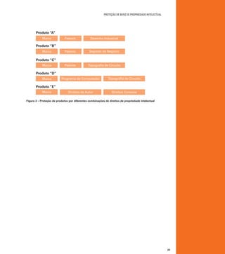 proteção de bens de PROPRIEDADE intelectual

Produto “A”
Marca

Patente

Desenho Industrial

Patente

Segredo de Negócio

Patente

Topografia de Circuito

Produto “B”
Marca

Produto “C”
Marca

Produto “D”
Marca

Programa de Computador

Topografia de Circuito

Direitos de Autor

Direitos Conexos

Produto “E”
Marca

Figura 3 – Proteção de produtos por diferentes combinações de direitos de propriedade intelectual

25

 