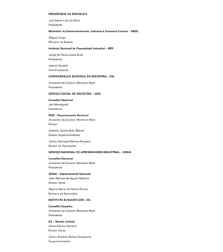 PRESIDÊNCIA DA REPÚBLICA
Luiz Inácio Lula da Silva
Presidente
Ministério do Desenvolvimento, Indústria e Comércio Exterior – MDIC
Miguel Jorge
Ministro de Estado
Instituto Nacional da Propriedade Industrial – INPI
Jorge de Paula Costa Ávila
Presidente
Ademir Tardelli
Vice-Presidente
CONFEDERAÇÃO NACIONAL DA INDÚSTRIA – CNI
Armando de Queiroz Monteiro Neto
Presidente
SERVIÇO SOCIAL DA INDÚSTRIA – SESI
Conselho Nacional
Jair Meneguelli
Presidente
SESI – Departamento Nacional
Armando de Queiroz Monteiro Neto
Diretor
Antonio Carlos Brito Maciel
Diretor Superintendente
Carlos Henrique Ramos Fonseca
Diretor de Operações
SERVIÇO NACIONAL DE APRENDIZAGEM INDUSTRIAL – SENAI
Conselho Nacional
Armando de Queiroz Monteiro Neto
Presidente
SENAI – Departamento Nacional
José Manuel de Aguiar Martins
Diretor Geral
Regina Maria de Fátima Torres
Diretora de Operações
INSTITUTO EUVALDO LODI – IEL
Conselho Superior
Armando de Queiroz Monteiro Neto
Presidente
IEL – Núcleo Central
Paulo Afonso Ferreira
Diretor Geral
Carlos Roberto Rocha Cavalcante
Superintendente

 