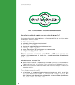 A caminho da inovação

Figura 19 – Ilustração de selo de indicação geográfica do Vale dos Vinhedos

Como fazer o pedido do registro para uma indicação geográfica?
O depósito do pedido de registro para uma indicação geográfica, nas condições estabelecidas pela LPI, precisa conter:
•	
•	
•	
•	
•	
•	
•	

Dados do requerente;
Espécie de indicação geográfica pretendida;
Nome da área geográfica;
Natureza do objeto da proteção (produto ou serviço);
Delimitação da área geográfica;
Objeto do produto ou serviço produzido na área delimitada;
Comprovante do pagamento de taxas.

Além dos documentos e informações acima referidos, o pedido deverá apresentar informações e provas específicas, de acordo com a espécie de indicação geográfica pleiteada, a saber:
Para denominação de origem (DO):
•	 Descrição das qualidades e características do produto ou serviço que se devam exclusiva ou essencialmente ao meio geográfico, incluindo fatores naturais e humanos;
•	 Descrição do processo ou método de obtenção do produto ou serviço, que devem ser
locais e constantes.
Para indicação de procedência (IP):
•	 Comprovação de que a localidade tornou-se conhecida como centro de extração,
produção ou fabricação do produto ou como centro de prestação do serviço. Para
esse propósito, pode-se utilizar de reportagens de jornais e revistas, artigos científicos, livros, músicas, entre outros meios.

48

 
