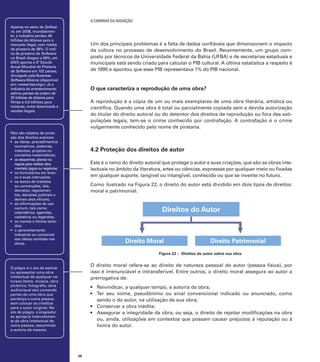 A caminho da inovação
Apenas no setor de Software, em 2008, mundialmente, a indústria perdeu 48
bilhões de dólares para o
mercado ilegal, com média
de pirataria de 38%. O índice de pirataria de Software
no Brasil chegou a 59%, em
2007, aponta o 5º Estudo
Anual Mundial de Pirataria
de Software em 102 países,
divulgado pela Business
Software Alliance (disponível
em: <www.bsa.org>). Já a
indústria do entretenimento
estima perdas da ordem de
25 bilhões de dólares para
filmes e 4,5 bilhões para
músicas, entre downloads e
vendas ilegais.

Um dos principais problemas é a falta de dados confiáveis que dimensionem o impacto
da cultura no processo de desenvolvimento do Brasil. Recentemente, um grupo composto por técnicos da Universidade Federal da Bahia (UFBA) e de secretarias estaduais e
municipais está sendo criado para calcular o PIB cultural. A última estatística a respeito é
de 1995 e apontou que esse PIB representava 1% do PIB nacional.

O que caracteriza a reprodução de uma obra?
A reprodução é a cópia de um ou mais exemplares de uma obra literária, artística ou
científica. Quando uma obra é total ou parcialmente copiada sem a devida autorização
do titular do direito autoral ou do detentor dos direitos de reprodução ou fora das estipulações legais, tem-se o crime conhecido por contrafação. A contrafação é o crime
vulgarmente conhecido pelo nome de pirataria.

Não são objetos de proteção dos direitos autorais:
•	 as ideias, procedimentos
normativos, sistemas,
métodos, projetos ou
conceitos matemáticos;
•	 os esquemas, planos ou
regras para realizar atos
mentais, jogos ou negócios;
•	 os formulários em branco e suas instruções;
•	 os textos de tratados
ou convenções, leis,
decretos, regulamentos, decisões judiciais e
demais atos oficiais;
•	 as informações de uso
comum, tais como
calendários, agendas,
cadastros ou legendas;
•	 os nomes e títulos isolados;
•	 o aproveitamento
industrial ou comercial
das ideias contidas nas
obras.

4.2 Proteção dos direitos de autor
Este é o ramo do direito autoral que protege o autor e suas criações, que são as obras intelectuais no âmbito da literatura, artes ou ciências, expressas por qualquer meio ou fixadas
em qualquer suporte, tangível ou intangível, conhecido ou que se invente no futuro.
Como ilustrado na Figura 22, o direito do autor está dividido em dois tipos de direitos:
moral e patrimonial.

Direitos do Autor

Direito Moral
	

Direito Patrimonial

Figura 22 – Direitos do autor sobre sua obra

O direito moral refere-se ao direito de natureza pessoal do autor (pessoa física), por
isso é irrenunciável e intransferível. Entre outros, o direito moral assegura ao autor a
prerrogativa de:

O plágio é o ato de assinar
ou apresentar uma obra
intelectual de qualquer natureza (texto, música, obra
pictórica, fotografia, obra
audiovisual etc) contendo
partes de uma obra que
pertença a outra pessoa
sem colocar os créditos
para o autor original. No
ato de plágio, o plagiador
se apropria indevidamente da obra intelectual de
outra pessoa, assumindo
a autoria da mesma.

•	 Reivindicar, a qualquer tempo, a autoria da obra;
•	 Ter seu nome, pseudônimo ou sinal convencional indicado ou anunciado, como
sendo o do autor, na utilização de sua obra;
•	 Conservar a obra inédita;
•	 Assegurar a integridade da obra, ou seja, o direito de rejeitar modificações na obra
ou, ainda, utilizações em contextos que possam causar prejuízos à reputação ou à
honra do autor.

58

 