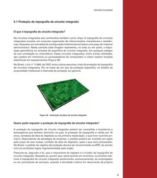 proteção sui generis

5.1 Proteção de topografia de circuito integrado	
O que é topografia de circuito integrado?
Os circuitos integrados são conhecidos também como chips. A topografia de circuitos
integrados envolve um conjunto organizado de interconexões, transistores e resistências, dispostos em camadas de configuração tridimensional sobre uma peça de material
semicondutor. Nesta camada cada imagem representa, no todo ou em parte, a disposição geométrica ou arranjos da superfície do circuito integrado, em qualquer estágio
de sua concepção ou manufatura. Esses circuitos integrados, entre outras utilidades,
são usados em memórias ou processadores de computador e visam realizar funções
eletrônicas em equipamentos (Figura 26).
No Brasil, a Lei nº 11.484, de 2007, entre outros assuntos, trata da proteção da topografia
de circuitos integrados. Por se tratar de um tipo de proteção específica, no âmbito da
propriedade intelectual é chamada de proteção sui generis.

Figura 26 – Ilustração de placa de circuito integrado

Quem pode requerer a proteção de topografia de circuito integrado?
A proteção da topografia de circuito integrado poderá ser concedida a brasileiros e
estrangeiros que tenham domicílio no país. A proteção da topografia é válida por 10
anos, contados da data do depósito ou da primeira exploração, o que tiver ocorrido primeiro. Dependendo da estratégia da empresa, o pedido poderá ser mantido em sigilo
pelo prazo de seis meses, contado da data do depósito, após o que será processado.
No Brasil, o pedido do registro de proteção deverá ser encaminhado ao INPI, de acordo
com as condições legais regulamentadas pelo órgão.
Presume-se, segundo a lei, que o requerente do registro é o criador da topografia de
circuito integrado. Ressalte-se, porém que, salvo acordo em contrário, os direitos relativos à topografia de circuito integrado pertencerão, exclusivamente, ao empregador
ou ao contratante de serviços, quando a atividade criativa for decorrente da própria

73

 