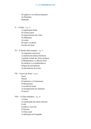 5 – A CAMINHO DA LUZ
Os egípcios e as ciências psíquicas
As Pirâmides
Redenção
V – A Índia – pag. 28
A organização hindu
Os arianos puros
O expansionismo dos Árias
Os Mahatmas
As castas
Os rajás e os párias
Em face de Jesus
VI – A família indo-europeia – pag. 32
As migrações sucessivas
A ausência de notícias históricas
A grande virtude dos Árias europeus
O Mediterrâneo e o Mar do Norte
Os nórdicos e os mediterrânicos
Origem do racionalismo
As advertências do Cristo
VII – O povo de Israel – pag.36
Israel
Moisés
O Judaísmo e o Cristianismo
O Monoteísmo
A escolha de Israel
A incompreensão do Judaísmo
No porvir
VIII – A China milenária – pag. 40
A China
A cristalização das ideias chinesas
Fo-Hi
Confúcio e Lao-Tsé
O Nirvana
A China atual
A edificação do Evangelho
 