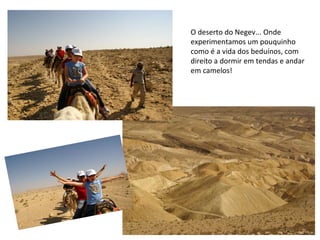 O deserto do Negev... Onde experimentamos um pouquinho como é a vida dos beduínos, com direito a dormir em tendas e andar em camelos!