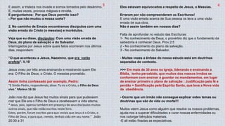 E assim, a tristeza nos invade e somos tomados pelo desânimo.
E, muitas vezes, provoca mágoas e revolta.
E perguntamos: Por que Deus permite isso?
- Por que não mudou a nossa sorte?
2. No caminho de Emaús encontramos discípulos com uma
visão errada do Cristo (o messias) e incrédulos.
Veja que eu disse, discípulos: Com uma visão errada de
Deus, do plano de salvação e do Salvador.
Interrogados por Jesus sobre quais fatos ocorreram nos últimos
dias, respondem:
"O que aconteceu a Jesus, Nazareno, que era varão
profeta". V.19
Jesus viveu por três anos ensinando e mostrando quem Ele
era: O Filho de Deus, o Cristo. O messias prometido.
Assim tinha confessado por exemplo, Pedro:
“E Simão Pedro, respondendo, disse: Tu és o Cristo, o Filho do Deus
vivo.” Mateus 16:16
João nos diz que Jesus fez muitos sinais para que pudessem
crer que Ele era o Filho de Deus e recebessem a vida eterna.
“ Jesus, pois, operou também em presença de seus discípulos muitos
outros sinais, que não estão escritos neste livro.
Estes, porém, foram escritos para que creiais que Jesus é o Cristo, o
Filho de Deus, e para que, crendo, tenhais vida em seu nome.” João
20:30 a 31
Eles estavam equivocados a respeito de Jesus, o Messias.
Erraram por não compreenderem as Escrituras!
E uma visão errada acerca de Sua pessoa os leva a uma visão
errada de sua obra.
Não é assim também em nossos dias?
Falta de aprofundar no estudo das Escrituras:
1- No conhecimento de Deus, o provérbio diz que o fundamento da
sabedoria é conhecer Deus. Prov.2:5
2 - No conhecimento do plano da salvação.
3 - No conhecimento do Salvador.
- Muitas vezes a ênfase do nosso estudo está em doutrinas
separadas do contexto.
>>> Em mais de 30 anos na igreja, liderando e ensinando a
Bíblia, tenho percebido, que muitos dos nossos irmãos se
conformam com ensinar a guardar os mandamentos, em lugar
de ensinar primeiro o plano de salvação : Justificação pela fé e
perdão + Santificação pelo Espírito Santo, que leva a Nova vida
de obediência.
- Ocorre que um irmão não consegue explicar estes temas ou
doutrinas que são de vida ou morte!!!
Muitos veem Jesus como alguém que resolve os nossos problemas,
ajuda-nos a superar dificuldades e curar nossas enfermidades ou
nos outorgar bênçãos materiais.
-E ali estão fixadas as expectativas.
3 4
 