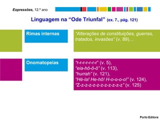 Expressões, 12.º ano

          Linguagem na “Ode Triunfal” (ex. 7., pág. 121)

       Rimas internas        “Alterações de constituições, guerras,
                             tratados, invasões” (v. 89)…




       Onomatopeias          “r-r-r-r-r-r-r” (v. 5),
                             “eia-hô-ô-ô” (v. 113),
                             “hurrah” (v. 121),
                             “Hé-la! He-hô! H-o-o-o-o!” (v. 124),
                             “Z-z-z-z-z-z-z-z-z-z-z-z” (v. 125)
 