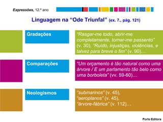 Expressões, 12.º ano

          Linguagem na “Ode Triunfal” (ex. 7., pág. 121)

       Gradações             “Rasgar-me todo, abrir-me
                             completamente, tornar-me passento”
                             (v. 30), “Ruído, injustiças, violências, e
                             talvez para breve o fim” (v. 90)…

       Comparações           “Um orçamento é tão natural como uma
                             árvore / E um parlamento tão belo como
                             uma borboleta” (vv. 59-60)…


       Neologismos           “submarinos” (v. 45),
                             “aeroplanos” (v. 45),
                             “árvore-fábrica” (v. 112)…
 