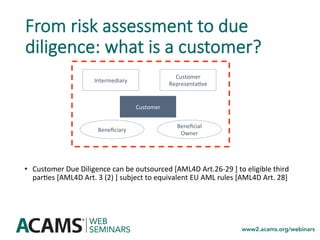 From risk assessment to due
diligence: what is a customer?
•  Customer	Due	Diligence	can	be	outsourced	[AML4D	Art.26-29	]	to	eligible	third	
par<es	[AML4D	Art.	3	(2)	]	subject	to	equivalent	EU	AML	rules	[AML4D	Art.	28]	
Intermediary	
Customer	
Beneﬁcial	
Owner	
Beneﬁciary	
Customer	
Representa<ve	
 