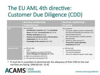 The EU AML 4th direc0ve:
Customer Due Diligence (CDD)
Business	relaSonship	
Establishment	
Business	relaSonship		
On-going	
CDD	 Any	customer:	
•  IdenSﬁcaSon:	Customer	[Art	13a],	Beneﬁcial	
owner	[Art13b],	Terrorist/Frozen	[Art	13-3]	
•  IdenSty	veriﬁcaSon	[Art13a]	
•  Purpose	and	intended	nature	of	the	business	
relaSonship	[Art	13c,	Art	18-2]	
•  Knowledge	of	the	customer	[Art	13d]	
Any	customer:	
•  On	event,	update	customer	related	data	
[Art13d]	and	Iden<ﬁy	the	customer	or	its	
representa<ve	[Art13]	
•  On	a	recurring	basis,	sample	customer	
ﬁles	[Art13d]	
•  Search	on	open	sources	(*)	
•  At	any	Sme,	assess	operaSon	
consistency	[Art13d]	
Enhanced	CDD	 i.e.	PEP	[Art	20]:		
•  CDD	+	
•  Risk	management	system	[Art	20	a)]	
•  Senior	Management	approval	[Art	20b]	
i.e.	High	risk	jurisdic<ons	[Art	18-1]	
i.e.	Correspondant	banking	[Art	19]	
i.e.	PEP	[Art	20]:		
•  Automated	procedure	
•  Commercial	Database	
•  Search	for	AML/Corrup<on	funds	origin	
•  FI	must	be	in	a	posi<on	to	demonstrate	the	adequacy	of	their	CDD	to	the	real	
risk	they	are	facing		[AML4D	Art.	13-4]	
 