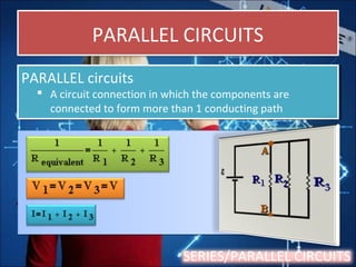 PARALLEL CIRCUITSPARALLEL CIRCUITS
PARALLEL circuits
 A circuit connection in which the components are
connected to form more than 1 conducting path
PARALLEL circuits
 A circuit connection in which the components are
connected to form more than 1 conducting path
SERIES/PARALLEL CIRCUITS
 