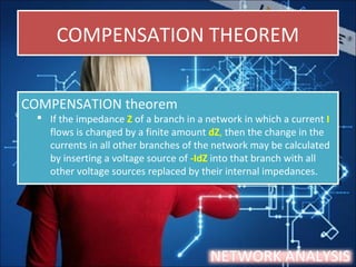 COMPENSATION THEOREMCOMPENSATION THEOREM
NETWORK ANALYSIS
COMPENSATION theorem
 If the impedance Z of a branch in a network in which a current I
flows is changed by a finite amount dZ, then the change in the
currents in all other branches of the network may be calculated
by inserting a voltage source of -IdZ into that branch with all
other voltage sources replaced by their internal impedances.
COMPENSATION theorem
 If the impedance Z of a branch in a network in which a current I
flows is changed by a finite amount dZ, then the change in the
currents in all other branches of the network may be calculated
by inserting a voltage source of -IdZ into that branch with all
other voltage sources replaced by their internal impedances.
 