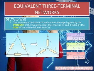 EQUIVALENT THREE-TERMINAL
NETWORKS
EQUIVALENT THREE-TERMINAL
NETWORKS
NETWORK ANALYSIS
DELTA to WYE
 The equivalent resistance of each arm to the wye is given by the
PRODUCT of the two delta sides that meet at its end divided by the
SUM of the three delta resistances.
DELTA to WYE
 The equivalent resistance of each arm to the wye is given by the
PRODUCT of the two delta sides that meet at its end divided by the
SUM of the three delta resistances.
 