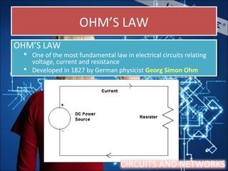OHM’S LAWOHM’S LAW
OHM’S LAW
 One of the most fundamental law in electrical circuits relating
voltage, current and resistance
 Developed in 1827 by German physicist Georg Simon Ohm
OHM’S LAW
 One of the most fundamental law in electrical circuits relating
voltage, current and resistance
 Developed in 1827 by German physicist Georg Simon Ohm
CIRCUITS AND NETWORKS
 