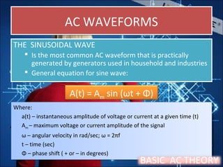 AC WAVEFORMSAC WAVEFORMS
THE SINUSOIDAL WAVE
 Is the most common AC waveform that is practically
generated by generators used in household and industries
 General equation for sine wave:
THE SINUSOIDAL WAVE
 Is the most common AC waveform that is practically
generated by generators used in household and industries
 General equation for sine wave:
Where:
a(t) – instantaneous amplitude of voltage or current at a given time (t)
Am – maximum voltage or current amplitude of the signal
ω – angular velocity in rad/sec; ω = 2πf
t – time (sec)
Φ – phase shift ( + or – in degrees)
Where:
a(t) – instantaneous amplitude of voltage or current at a given time (t)
Am – maximum voltage or current amplitude of the signal
ω – angular velocity in rad/sec; ω = 2πf
t – time (sec)
Φ – phase shift ( + or – in degrees)
A(t) = Am sin (ωt + Φ)
BASIC AC THEORY
 