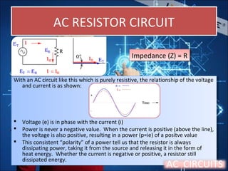 AC RESISTOR CIRCUITAC RESISTOR CIRCUIT
With an AC circuit like this which is purely resistive, the relationship of the voltage
and current is as shown:
 Voltage (e) is in phase with the current (i)
 Power is never a negative value. When the current is positive (above the line),
the voltage is also positive, resulting in a power (p=ie) of a positve value
 This consistent “polarity” of a power tell us that the resistor is always
dissipating power, taking it from the source and releasing it in the form of
heat energy. Whether the current is negative or positive, a resistor still
dissipated energy.
With an AC circuit like this which is purely resistive, the relationship of the voltage
and current is as shown:
 Voltage (e) is in phase with the current (i)
 Power is never a negative value. When the current is positive (above the line),
the voltage is also positive, resulting in a power (p=ie) of a positve value
 This consistent “polarity” of a power tell us that the resistor is always
dissipating power, taking it from the source and releasing it in the form of
heat energy. Whether the current is negative or positive, a resistor still
dissipated energy.
AC CIRCUITS
Impedance (Z) = RImpedance (Z) = R
 