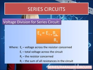 SERIES CIRCUITSSERIES CIRCUITS
Where: EX – voltage across the resistor concerned
ET – total voltage across the circuit
RX – the resistor concerned
RT – the sum of all resistances in the circuit
Where: EX – voltage across the resistor concerned
ET – total voltage across the circuit
RX – the resistor concerned
RT – the sum of all resistances in the circuit
Voltage Division for Series Circuit:
EX = ET • RX
RT
SERIES/PARALLEL CIRCUITS
 