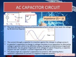 AC CAPACITOR CIRCUITAC CAPACITOR CIRCUIT
 The most distinguishing electrical characteristics of an C circuit is that leads the voltage
by 90 electrical degrees
 The current through a capacitor is a reaction against the change in voltage across it
 A capacitor’s opposition to change in voltage translates to an opposition to alternating
voltage in general, which is by definition always changing in instantaneous magnitude
and direction. For any given magnitude of AC voltage at a given frequency, a capacitor
of given size will “conduct” a certain magnitude of AC current.
 The phase angle of a capacitor’s opposition to current is -90o
,meaning that a
capacitor’s opposition to current is a negative imaginary quantity
 The most distinguishing electrical characteristics of an C circuit is that leads the voltage
by 90 electrical degrees
 The current through a capacitor is a reaction against the change in voltage across it
 A capacitor’s opposition to change in voltage translates to an opposition to alternating
voltage in general, which is by definition always changing in instantaneous magnitude
and direction. For any given magnitude of AC voltage at a given frequency, a capacitor
of given size will “conduct” a certain magnitude of AC current.
 The phase angle of a capacitor’s opposition to current is -90o
,meaning that a
capacitor’s opposition to current is a negative imaginary quantity
Impedance (Z) = -jXC
Impedance (Z) = -jXC
AC CIRCUITS
 