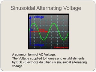 Sinusoidal Alternating Voltage




A common form of AC Voltage.
The Voltage supplied to homes and establishments
by EDL (Electricite du Liban) is sinusoidal alternating
voltage.
 