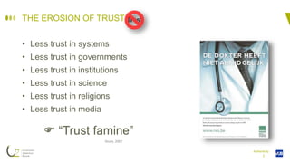 I
THE EROSION OF TRUST
• Less trust in systems
• Less trust in governments
• Less trust in institutions
• Less trust in science
• Less trust in religions
• Less trust in media
 “Trust famine”
Authenticity
Shore, 2007
 