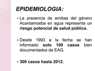 EPIDEMIOLOGIA:
 La presencia de amibas del género
Acantamoeba en agua representa un
riesgo potencial de salud pública.
 Desde 1993 a la fecha se han
informado solo 100 casos bien
documentados de EAG.
 300 casos hasta 2012.
 