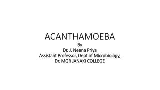 ACANTHAMOEBA
By
Dr. J. Neena Priya
Assistant Professor, Dept of Microbiology,
Dr. MGR JANAKI COLLEGE
 