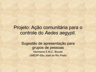 Projeto: Ação comunitária para o controle do  Aedes aegypti. Sugestão de apresentação para grupos de pessoas Hermione E.M.C. Bicudo UNESP-São José do Rio Preto 