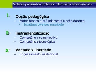 Mudança postural do professor: elementos determinantes Opção pedagógica Marco teórico que fundamenta a ação docente . Estratégias de ensino e avaliação Instrumentalização Competência comunicativa Competência tecnológica Vontade x liberdade Engessamento institucional 1 2 3 