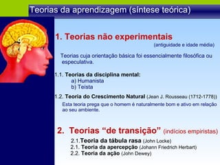Teorias da aprendizagem (síntese teórica) Teorias cuja orientação básica foi essencialmente filosófica ou especulativa. 1.1.  Teorias da disciplina mental: a) Humanista b) Teísta 1.2.  Teoria do Crescimento Natural  (Jean J. Rousseau (1712-1778)) 1. Teorias não experimentais (antiguidade e idade média) Esta teoria prega que o homem é naturalmente bom e ativo em relação ao seu ambiente. 2.  Teorias “de transição”  (indícios empiristas) 2.1. Teoria da tábula rasa   (John Locke) 2.1.  Teoria da apercepção  (Johann Friedrich Herbart) 2.2.  Teoria da ação  (John Dewey) 