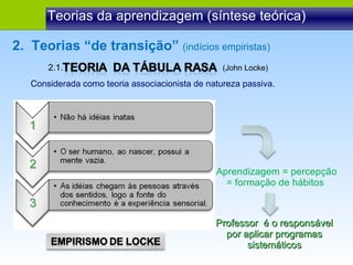 Teorias da aprendizagem (síntese teórica) 2.  Teorias “de transição”  (indícios empiristas) 2.1.   (John Locke) Considerada como teoria associacionista de natureza passiva. Aprendizagem = percepção = formação de hábitos  Professor  é o responsável por aplicar programas sistemáticos 