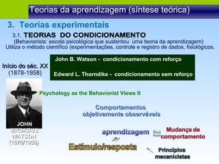 Teorias da aprendizagem (síntese teórica) 3.  Teorias experimentais Utiliza o método científico (experimentações, controle e registro de dados, fisiológicos. JOHN BROADUS WATSON  (1878/1958)  Psychology as the Behaviorist Views It  Comportamentos  objetivamente observáveis Início do séc. XX (1878-1958) John B. Watson -  condicionamento com reforço Edward L. Thorndike -  condicionamento sem reforço 3.1.  (Behaviorista: escola psicológica que sustentou  uma teoria da aprendizagem) 
