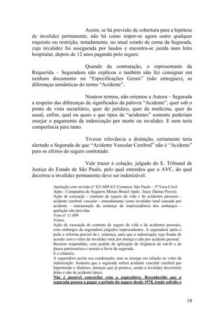 Assim, se há previsão de cobertura para a hipótese
de invalidez permanente, não há como impor-se agora outro qualquer
requisito ou restrição, notadamente, no atual estado de coma da Segurada,
cuja invalidez foi assegurada por laudos e encontra-se jazida num leito
hospitalar, depois de 12 anos pagando pelo seguro.
Quando da contratação, o representante da
Requerida – Seguradora não explicou e também não fez consignar em
nenhum documento ou “Especificações Gerais” (não entregues), as
diferenças semânticas do termo “Acidente”.
Noutros termos, não orientou a Autora – Segurada
a respeito das diferenças de significados da palavra “Acidente”, quer sob o
ponto de vista securitário, quer do jurídico, quer da medicina, quer do
usual, enfim, qual ou quais e que tipos de “acidentes” somente poderiam
ensejar o pagamento da indenização por morte ou invalidez. E nem teria
competência para tanto.
Tivesse relevância a distinção, certamente teria
alertado a Segurada de que “Acidente Vascular Cerebral” não é “Acidente”
para os efeitos do seguro contratado.
Vale trazer à colação, julgado do E. Tribunal de
Justiça do Estado de São Paulo, pelo qual entendeu que o AVC, do qual
decorreu a invalidez permanente deve ser indenizável.
Apelação com revisão nº 821.609-0/2 Comarca: São Paulo – 5ª Vara Cível
Apte.: Companhia de Seguros Minas Brasil Apdo.: Iracy Dantas Pereira
Ação de execução - contrato de seguro de vida c de acidentes pessoais -
acidente cerebral vascular - entendimento como invalidez total causada por
acidente - manutenção da sentença de improcedência dos embargos -
apelação não provida.
Voto nº 11.899
Vistos.
Ação de execução de contrato de seguro de vida e de acidentes pessoais,
com embargos da seguradora julgados improcedentes. A seguradora apela e
pede a reforma parcial da r. sentença, para que a indenização seja fixada de
acordo com o valor da invalidez total por doença e não por acidente pessoal.
Recurso respondido, com pedido de aplicação de litigância de má-fé e de
danos patrimoniais e morais a favor da segurada.
É o relatório.
A seguradora aceita sua condenação, mas se insurge em relação ao valor da
indenização. Sustenta que a segurada sofreu acidente vascular cerebral por
hipertensão e diabetes, doenças que já portava, sendo a invalidez decorrente
delas e não de acidente típico.
Não é possível concordar com a seguradora. Reconhecido que a
segurada passou a pagar o prêmio do seguro desde 1978, tendo sofrido o
18
 