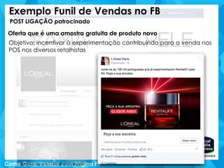 Exemplo Funil de Vendas no FB
facebook.com/LOrealParisPortugal
POST LIGAÇÃO patrocinado
Oferta que é uma amostra gratuita de produto novo
Objetivo: incentivar à experimentação contribuindo para a venda nos
POS nos diversos retalhistas
 