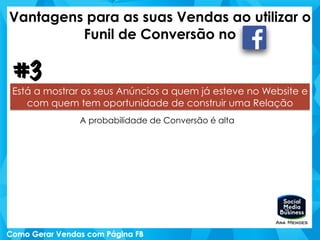 Vantagens para as suas Vendas ao utilizar o
Funil de Conversão no
#3
Está a mostrar os seus Anúncios a quem já esteve no Website e
com quem tem oportunidade de construir uma Relação
A probabilidade de Conversão é alta
 