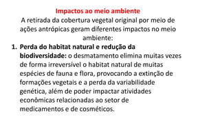 Impactos ao meio ambiente
A retirada da cobertura vegetal original por meio de
ações antrópicas geram diferentes impactos ...