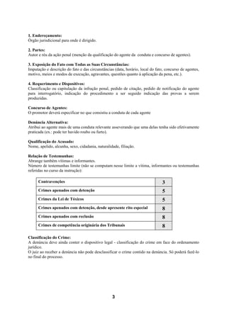 3
1. Endereçamento:
Órgão jurisdicional para onde é dirigido.
2. Partes:
Autor e réu da ação penal (menção da qualificação do agente da conduta e concurso de agentes).
3. Exposição do Fato com Todas as Suas Circunstâncias:
Imputação e descrição do fato e das circunstâncias (data, horário, local do fato, concurso de agentes,
motivo, meios e modos de execução, agravantes, questões quanto à aplicação da pena, etc.).
4. Requerimento e Dispositivos:
Classificação ou capitulação da infração penal, pedido de citação, pedido de notificação do agente
para interrogatório, indicação do procedimento a ser seguido indicação das provas a serem
produzidas.
Concurso de Agentes:
O promotor deverá especificar no que consistiu a conduta de cada agente
Denúncia Alternativa:
Atribui ao agente mais de uma conduta relevante asseverando que uma delas tenha sido efetivamente
praticada (ex.: pode ter havido roubo ou furto).
Qualificação do Acusado:
Nome, apelido, alcunha, sexo, cidadania, naturalidade, filiação.
Relação de Testemunhas:
Abrange também vítimas e informantes.
Número de testemunhas limite (não se computam nesse limite a vítima, informantes ou testemunhas
referidas no curso da instrução):
Contravenções 3
Crimes apenados com detenção 5
Crimes da Lei de Tóxicos 5
Crimes apenados com detenção, desde apresente rito especial 8
Crimes apenados com reclusão 8
Crimes de competência originária dos Tribunais 8
Classificação do Crime:
A denúncia deve ainda conter o dispositivo legal - classificação do crime em face do ordenamento
jurídico.
O juiz ao receber a denúncia não pode desclassificar o crime contido na denúncia. Só poderá fazê-lo
no final do processo.
 