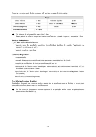 5
Conta-se o prazo a partir do dia em que o MP recebeu as peças de informação.
Prazos
crime comum 15 dias economia popular 2 dias
crime eleitoral 10 dias abuso de autoridade 48 horas
crimes de imprensa 10 dias tóxicos 3 dias
crimes falimentares 3 ou 5 dias
No silêncio da lei especial o prazo é de 5 dias.
Esses prazos se referem sempre a réu solto ou afiançado, estando ele preso é sempre de 5 dias.
Rejeição da Denúncia:
O juiz pode rejeitar a denúncia ou se:
ausente uma das condições genéricas (possibilidade jurídica do pedido, “legitimatio ad
causam” ou interesse de agir);
ausente condição específica.
Condições Específicas:
representação;
entrada do agente no território nacional nos crimes cometidos fora do Brasil;
requisição no Ministro da Justiça, quando exigida por lei;
autorização da Câmara ou do Senado para instauração do processo contra o Presidente, o Vice-
Presidente e Membros de Estado;
prévia licença da Câmara ou do Senado para instauração de processo contra Deputado Federal
ou Senador;
notificação (crimes de imprensa).
Providências Quanto a Rejeição:
Rejeitada a denúncia ou a queixa, pode o autor não se conformar com a decisão e, nesse caso,
querendo, pode interpor recurso em sentido estrito.
Se for crime de imprensa o recurso oponível é a apelação, assim como no procedimento
sumaríssimo (Lei 9.099/95).
 