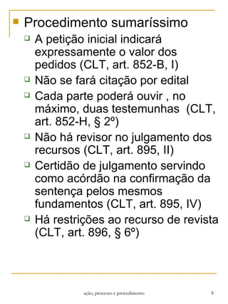 Procedimento sumaríssimo A petição inicial indicará expressamente o valor dos pedidos (CLT, art. 852-B, I) Não se fará citação por edital  Cada parte poderá ouvir , no máximo, duas testemunhas  (CLT, art. 852-H, § 2º) Não há revisor no julgamento dos recursos (CLT, art. 895, II) Certidão de julgamento servindo como acórdão na confirmação da sentença pelos mesmos fundamentos (CLT, art. 895, IV) Há restrições ao recurso de revista (CLT, art. 896, § 6º) ação, processo e procedimento 