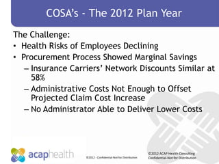 COSA’s - The 2012 Plan Year
The Challenge:
• Health Risks of Employees Declining
• Procurement Process Showed Marginal Savings
   – Insurance Carriers’ Network Discounts Similar at
     58%
   – Administrative Costs Not Enough to Offset
     Projected Claim Cost Increase
   – No Administrator Able to Deliver Lower Costs




                                                               ©2012 ACAP Health Consulting
                   ©2012 - Confidential-Not for Distribution   Confidential-Not for Distribution
 