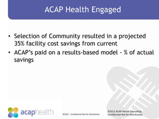 ACAP Health Engaged


• Selection of Community resulted in a projected
  35% facility cost savings from current
• ACAP’s paid on a results-based model - % of actual
  savings




                                                               ©2012 ACAP Health Consulting
                   ©2012 - Confidential-Not for Distribution   Confidential-Not for Distribution
 