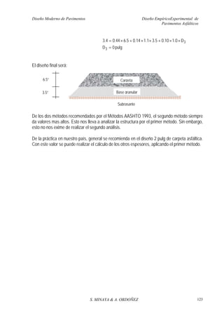 Diseño Moderno de Pavimentos Diseño EmpíricoExperimental de
Pavimentos Asfálticos
S. MINAYA & A. ORDOÑEZ 123
3D0.110.05.31.114.05.644.04.3 ××+××+×=
pulg0D3 =
El diseño final será:
De los dos métodos recomendados por el Métodos AASHTO 1993, el segundo método siempre
da valores mas altos. Esto nos lleva a analizar la estructura por el primer método. Sin embargo,
esto no nos exime de realizar el segundo análisis.
De la práctica en nuestro país, general se recomienda en el diseño 2 pulg de carpeta asfáltica.
Con este valor se puede realizar el cálculo de los otros espesores, aplicando el primer método.
Subrasante
Carpeta
Base granular
6.5”
3.5”
 