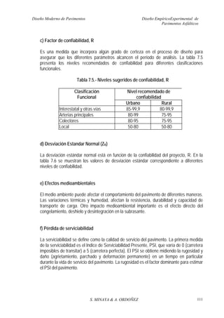 Diseño Moderno de Pavimentos Diseño EmpíricoExperimental de
Pavimentos Asfálticos
S. MINAYA & A. ORDOÑEZ 111
c) Factor de confiabilidad, R
Es una medida que incorpora algún grado de certeza en el proceso de diseño para
asegurar que los diferentes parámetros alcancen el período de análisis. La tabla 7.5
presenta los niveles recomendados de confiabilidad para diferentes clasificaciones
funcionales.
Tabla 7.5.- Niveles sugeridos de confiabilidad, R
Nivel recomendado de
confiabilidad
Clasificación
Funcional
Urbano Rural
Interestatal y otras vías 85-99,9 80-99,9
Arterias principales 80-99 75-95
Colectores 80-95 75-95
Local 50-80 50-80
d) Desviación Estandar Normal (ZR)
La desviación estándar normal está en función de la confiabilidad del proyecto, R. En la
tabla 7.6 se muestran los valores de desviación estándar correspondiente a diferentes
niveles de confiabilidad.
e) Efectos medioambientales
El medio ambiente puede afectar el comportamiento del pavimento de diferentes maneras.
Las variaciones térmicas y humedad, afectan la resistencia, durabilidad y capacidad de
transporte de carga. Otro impacto medioambiental importante es el efecto directo del
congelamiento, deshielo y desintegración en la subrasante.
f) Pérdida de serviciabilidad
La serviciabilidad se define como la calidad de servicio del pavimento. La primera medida
de la serviciabilidad es el Indice de Serviciabilidad Presente, PSI, que varía de 0 (carretera
imposibles de transitar) a 5 (carretera perfecta). El PSI se obtiene midiendo la rugosidad y
daño (agrietamiento, parchado y deformación permanente) en un tiempo en particular
durante la vida de servicio del pavimento. La rugosidad es el factor dominante para estimar
el PSI del pavimento.
 