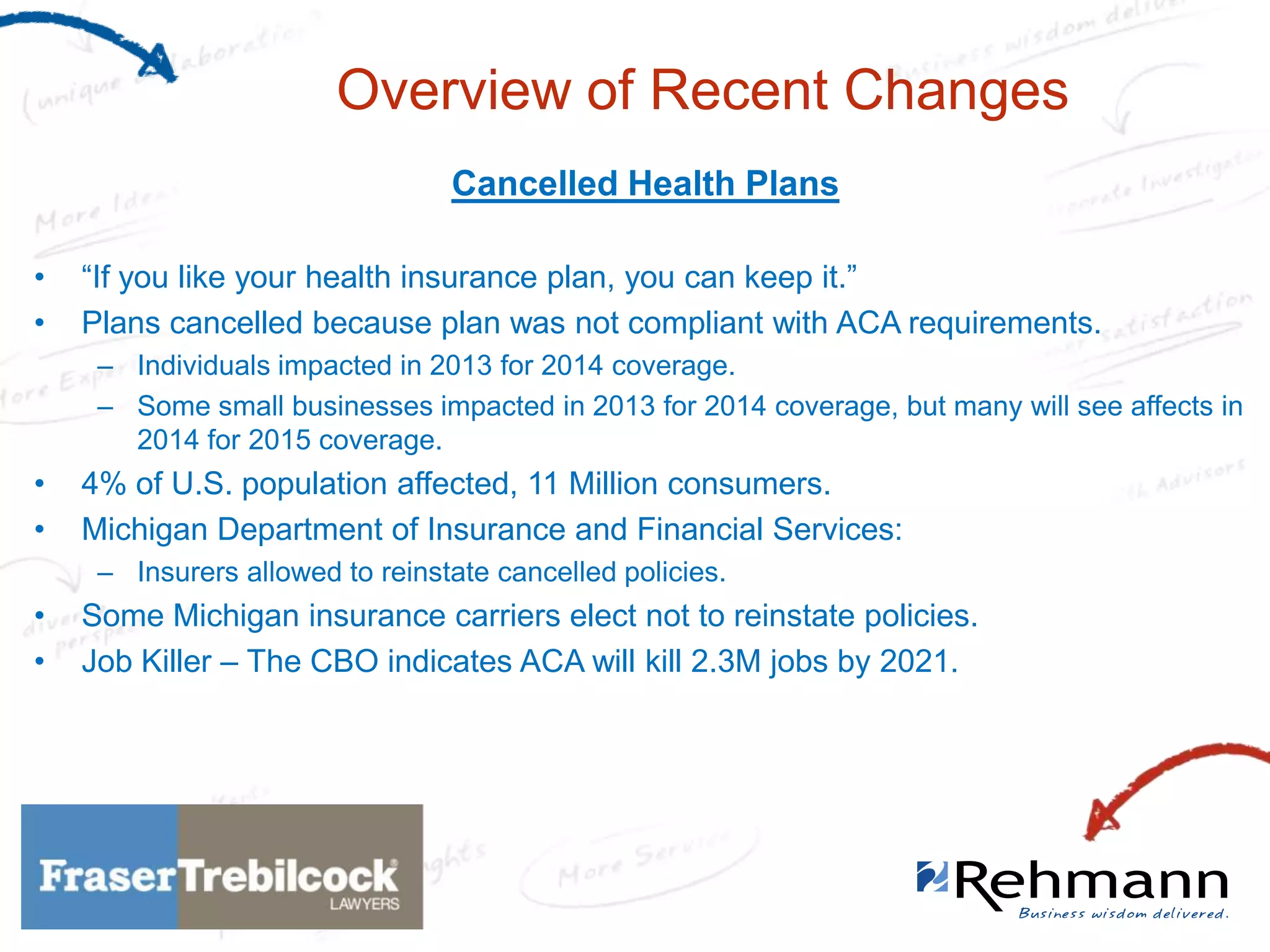 Overview of Recent Changes
Cancelled Health Plans
•
•

“If you like your health insurance plan, you can keep it.”
Plans cancelled because plan was not compliant with ACA requirements.
– Individuals impacted in 2013 for 2014 coverage.
– Some small businesses impacted in 2013 for 2014 coverage, but many will see affects in
2014 for 2015 coverage.

•
•

4% of U.S. population affected, 11 Million consumers.
Michigan Department of Insurance and Financial Services:
– Insurers allowed to reinstate cancelled policies.

•
•

Some Michigan insurance carriers elect not to reinstate policies.
Job Killer – The CBO indicates ACA will kill 2.3M jobs by 2021.

 
